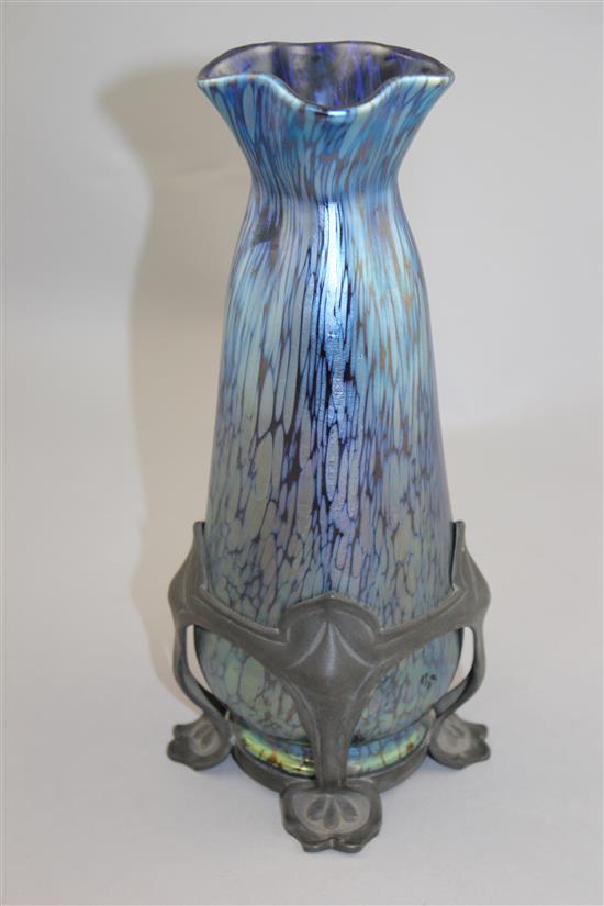 An Art Nouveau Loetz iridescent glass and pewter mounted bottle vase, c.1895, 25cm